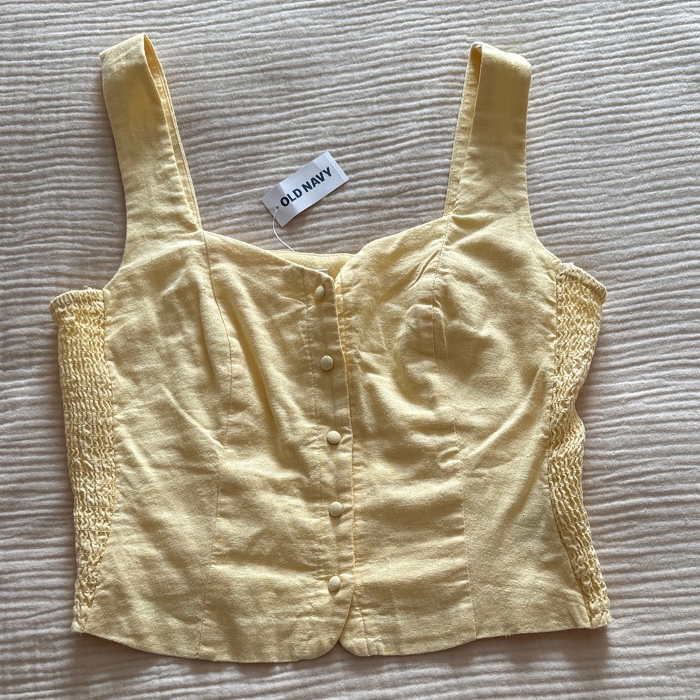NWT Old Navy Yellow Linen Button-Front Cropped Camisole with Smocked Sides